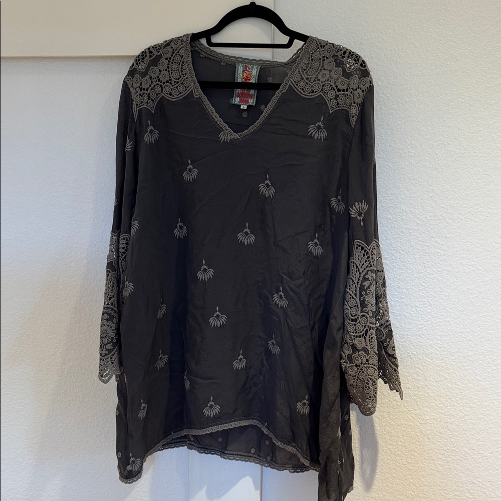 Johnny Was Black and Gray Embroidered Tunic